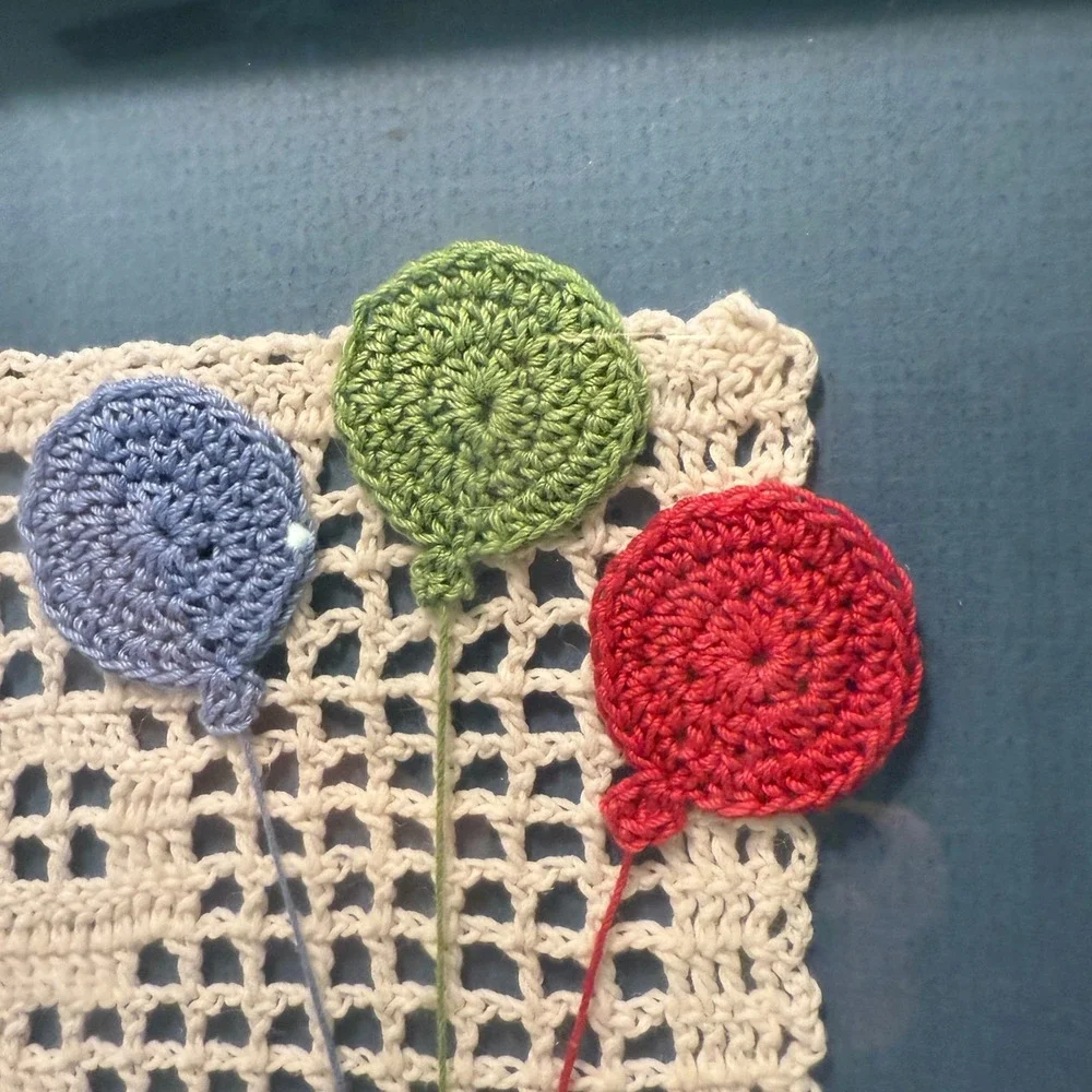 VTG 80s Crochet Teddy‎ Bear Balloons Wall Art Custom Framed Decor Cottage Whimsy